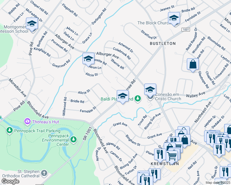 map of restaurants, bars, coffee shops, grocery stores, and more near 1 Dogwood Lane in Philadelphia