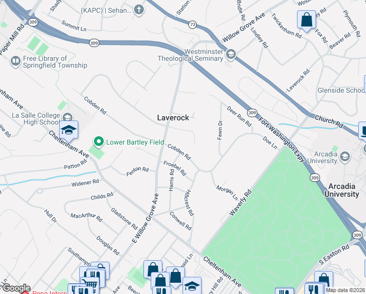 map of restaurants, bars, coffee shops, grocery stores, and more near 7906 Newbold Lane in Laverock