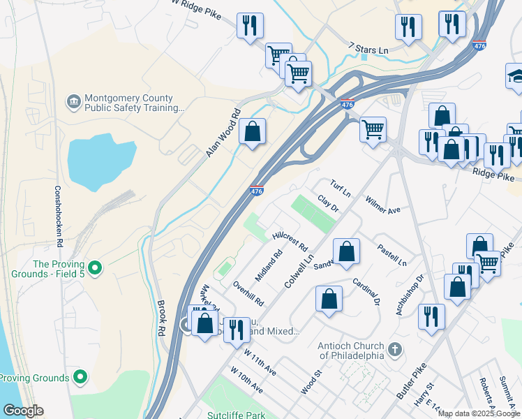 map of restaurants, bars, coffee shops, grocery stores, and more near 106 Barefield Lane in Conshohocken