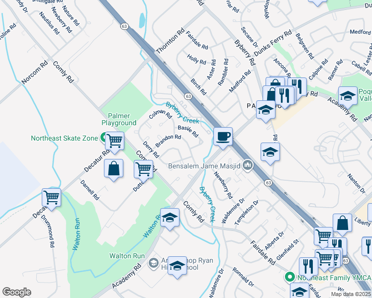 map of restaurants, bars, coffee shops, grocery stores, and more near 11819 Brandon Road in Philadelphia
