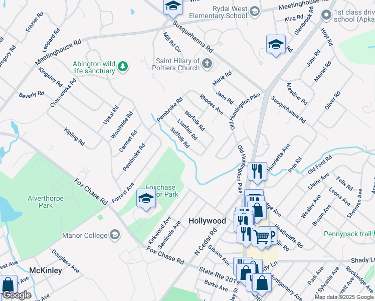 map of restaurants, bars, coffee shops, grocery stores, and more near 732 Suffolk Road in Jenkintown