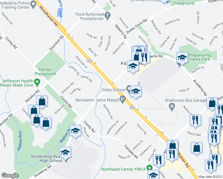map of restaurants, bars, coffee shops, grocery stores, and more near 3504 Woodhaven Road in Philadelphia