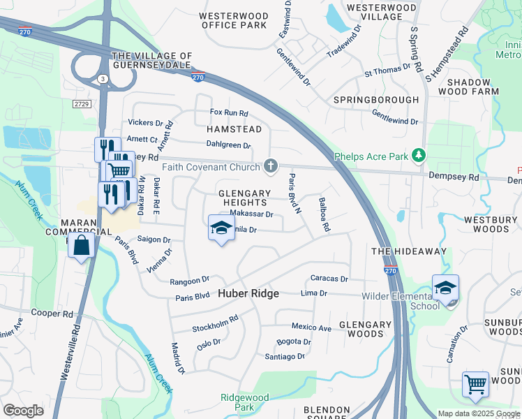 map of restaurants, bars, coffee shops, grocery stores, and more near 3585 Karikal Drive in Westerville