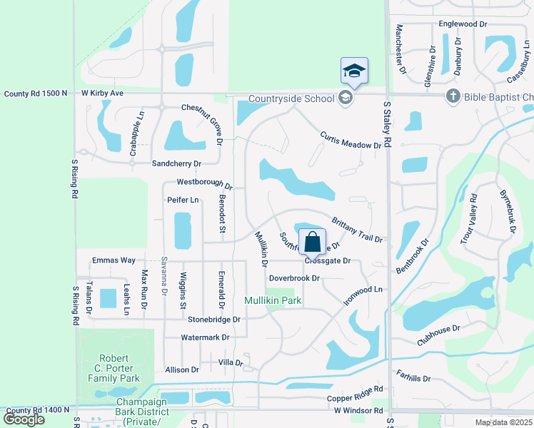 map of restaurants, bars, coffee shops, grocery stores, and more near 4503 Southford Trace Drive in Champaign