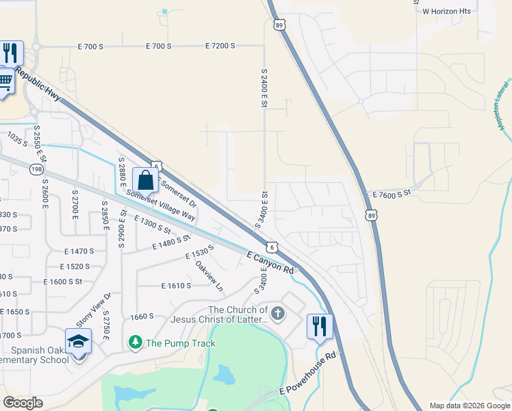 map of restaurants, bars, coffee shops, grocery stores, and more near 3368 East 1250 South in Spanish Fork