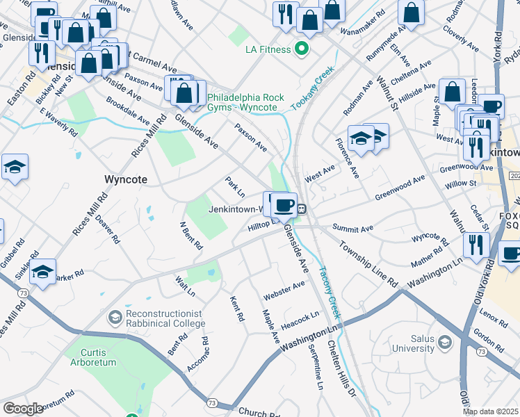 map of restaurants, bars, coffee shops, grocery stores, and more near 119 Woodland Road in Wyncote