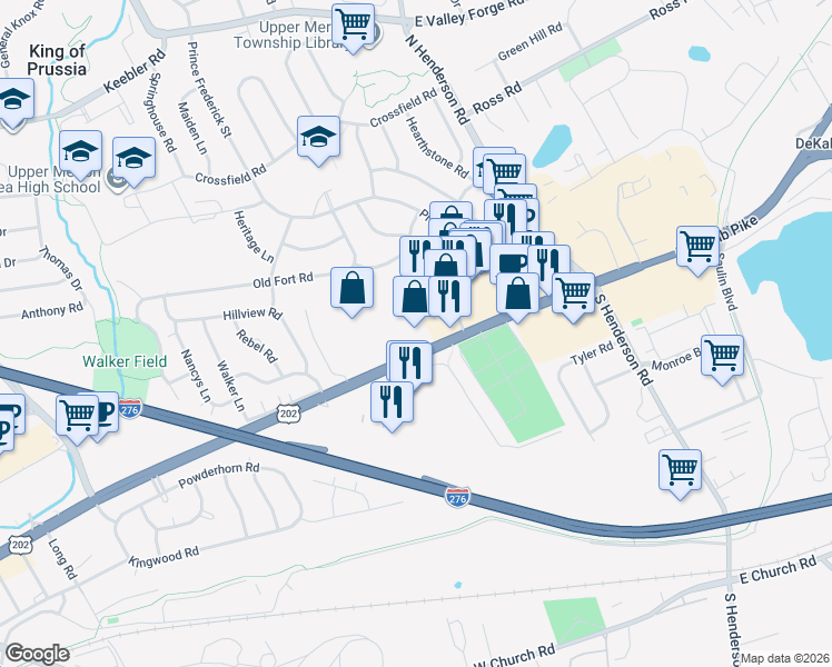map of restaurants, bars, coffee shops, grocery stores, and more near 258 West Dekalb Pike in King of Prussia