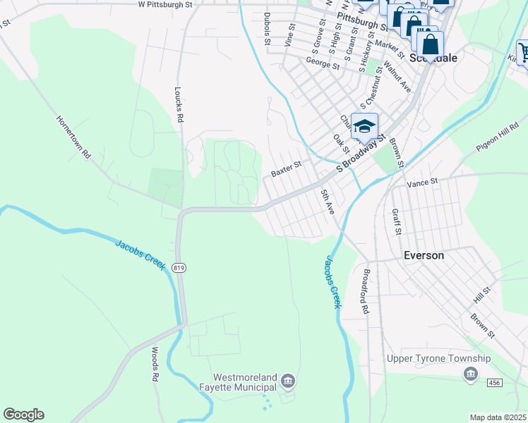 map of restaurants, bars, coffee shops, grocery stores, and more near 1105 South Broadway Street in Scottdale