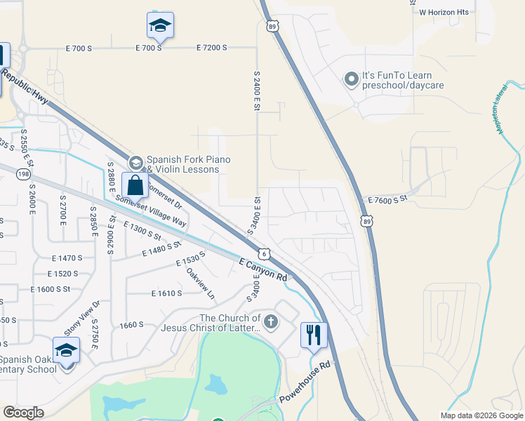 map of restaurants, bars, coffee shops, grocery stores, and more near 7361-7637 1600 West in Spanish Fork