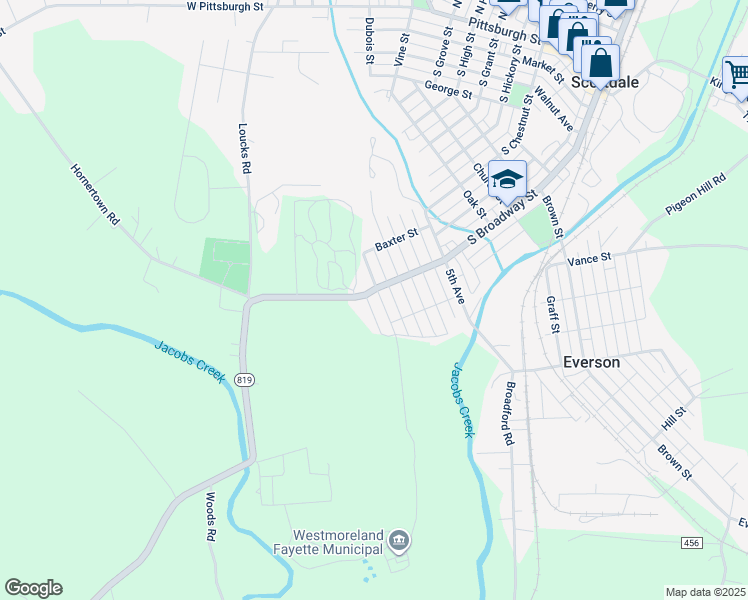 map of restaurants, bars, coffee shops, grocery stores, and more near 1105 South Broadway Street in Scottdale