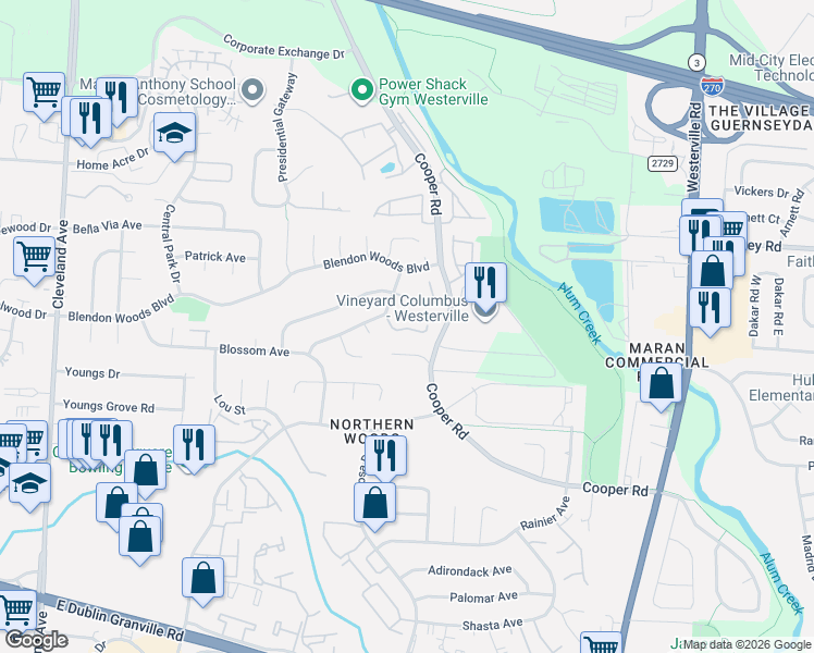 map of restaurants, bars, coffee shops, grocery stores, and more near 3042 Cooper Bluff Drive in Columbus