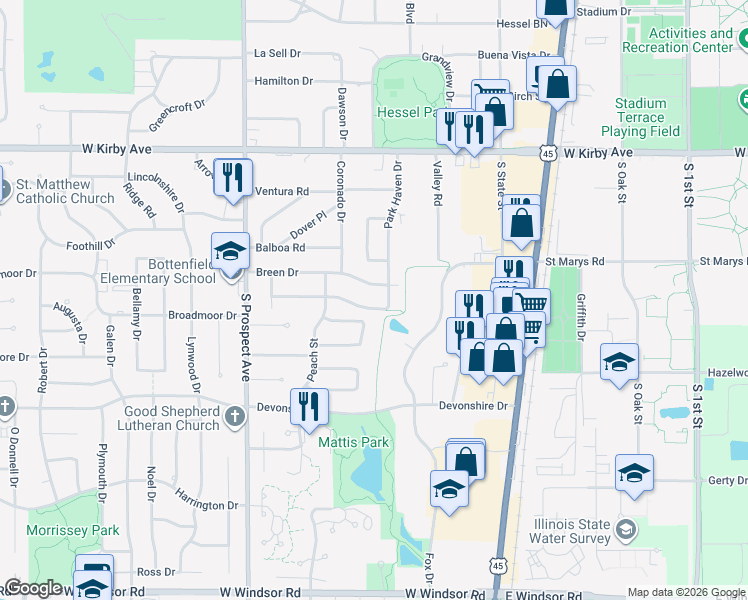 map of restaurants, bars, coffee shops, grocery stores, and more near 607 Breen Drive in Champaign