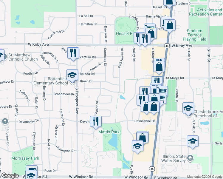 map of restaurants, bars, coffee shops, grocery stores, and more near 607 Breen Drive in Champaign