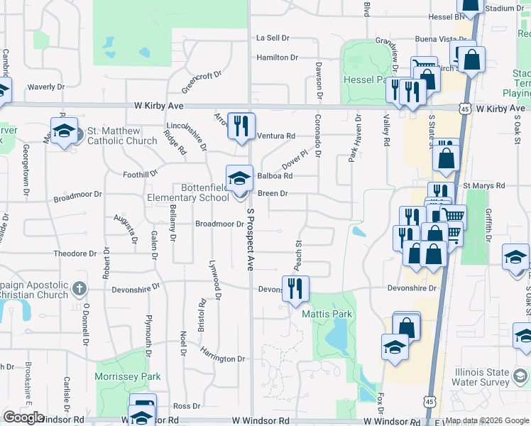map of restaurants, bars, coffee shops, grocery stores, and more near 1805 Shadowlawn Drive in Champaign