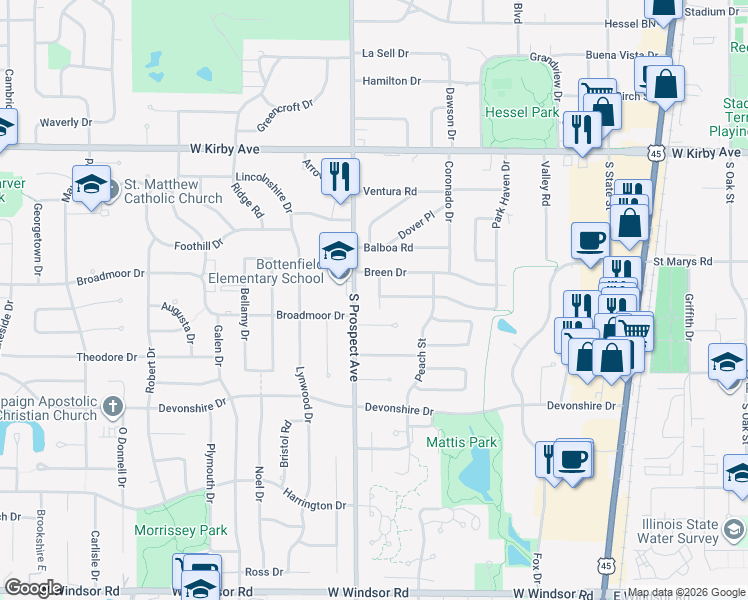 map of restaurants, bars, coffee shops, grocery stores, and more near 1805 Shadowlawn Drive in Champaign