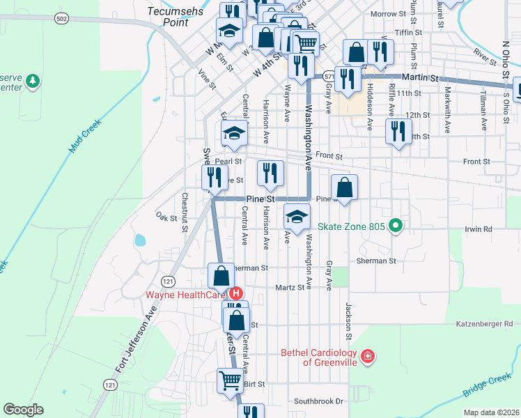 map of restaurants, bars, coffee shops, grocery stores, and more near 500 Harrison Avenue in Greenville