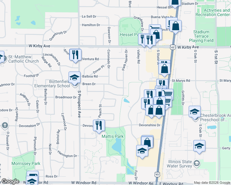 map of restaurants, bars, coffee shops, grocery stores, and more near 607 Breen Drive in Champaign