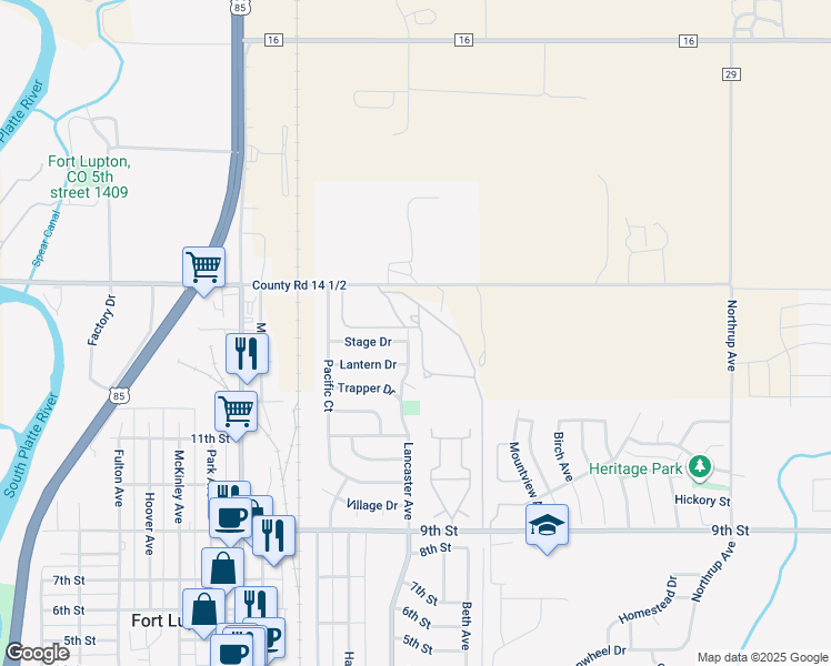 map of restaurants, bars, coffee shops, grocery stores, and more near 1312 Lancaster Avenue in Fort Lupton