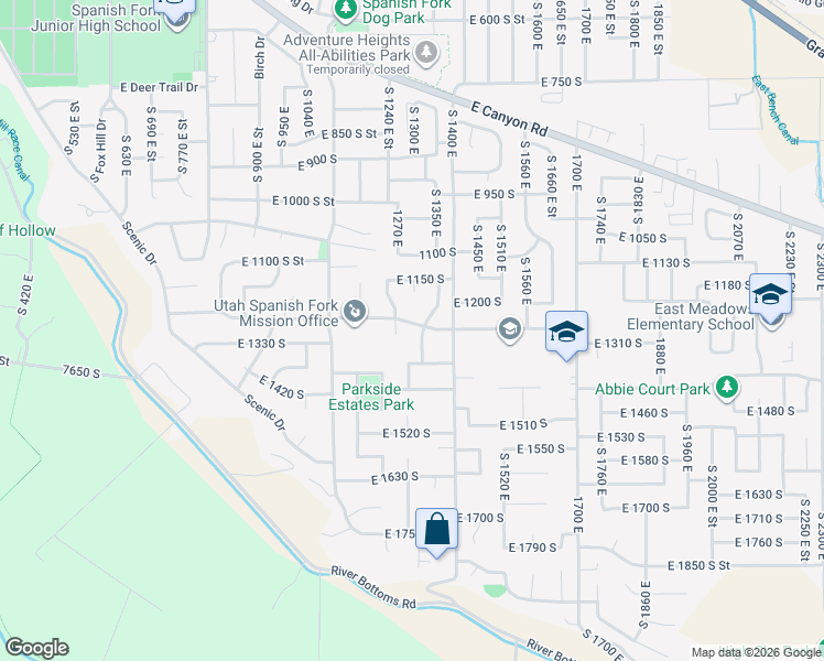 map of restaurants, bars, coffee shops, grocery stores, and more near 1257 South 1250 East in Spanish Fork