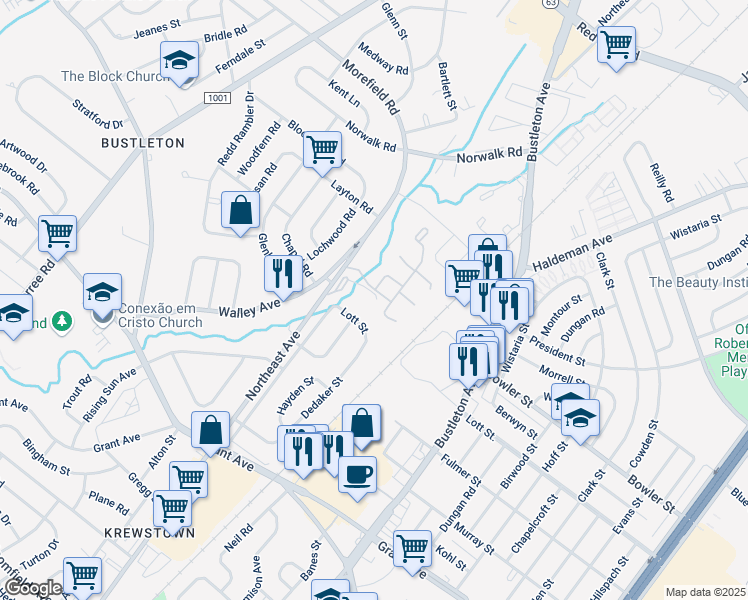 map of restaurants, bars, coffee shops, grocery stores, and more near 25 Country Lane in Philadelphia