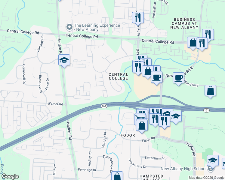 map of restaurants, bars, coffee shops, grocery stores, and more near 5435 Tathwell Drive in New Albany