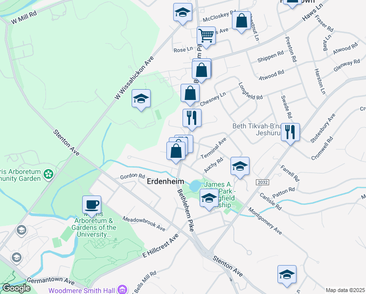 map of restaurants, bars, coffee shops, grocery stores, and more near 717 Bethlehem Pike in Erdenheim