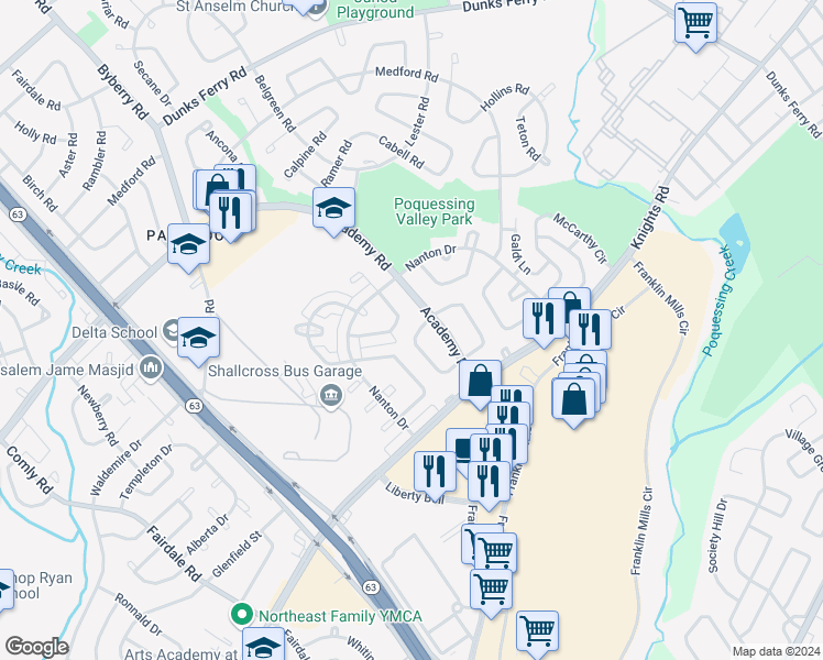 map of restaurants, bars, coffee shops, grocery stores, and more near 3718 Bandon Drive in Philadelphia