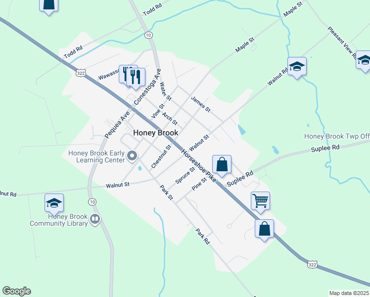 map of restaurants, bars, coffee shops, grocery stores, and more near 4321 Horseshoe Pike in Honey Brook