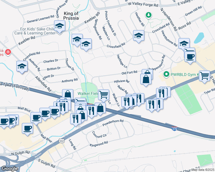 map of restaurants, bars, coffee shops, grocery stores, and more near 173 Walker Lane in King of Prussia
