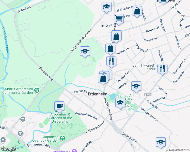 map of restaurants, bars, coffee shops, grocery stores, and more near 33 Windsor Road in Erdenheim