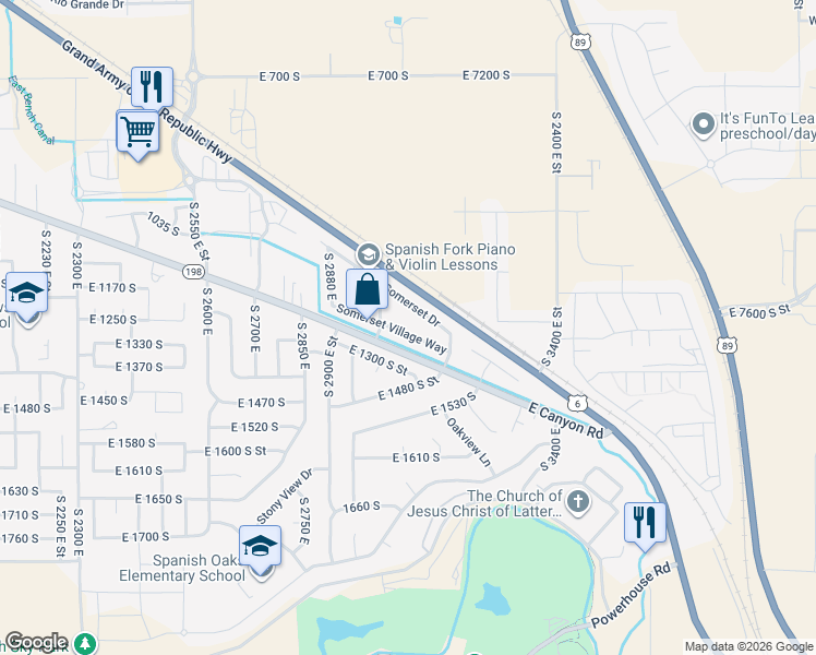 map of restaurants, bars, coffee shops, grocery stores, and more near 3033 Somerset Village Way in Spanish Fork