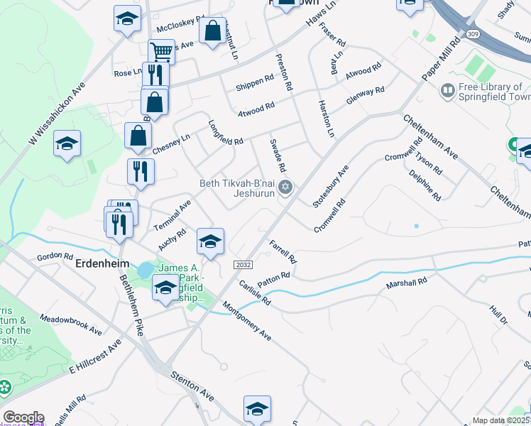 map of restaurants, bars, coffee shops, grocery stores, and more near 864 Skyline Drive in Erdenheim