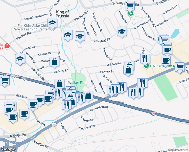 map of restaurants, bars, coffee shops, grocery stores, and more near 173 Walker Lane in King of Prussia