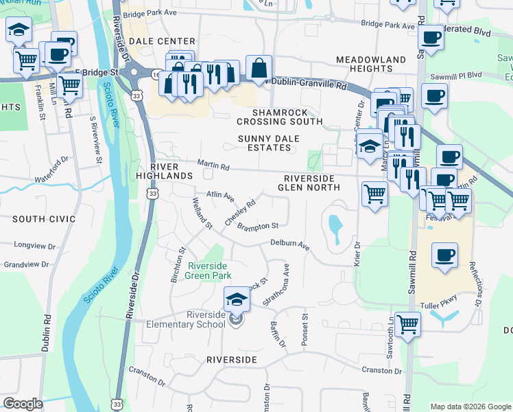 map of restaurants, bars, coffee shops, grocery stores, and more near 6808 Chesley Road in Dublin