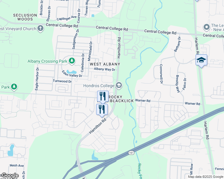 map of restaurants, bars, coffee shops, grocery stores, and more near 6253 Calebs Creek Way in Westerville