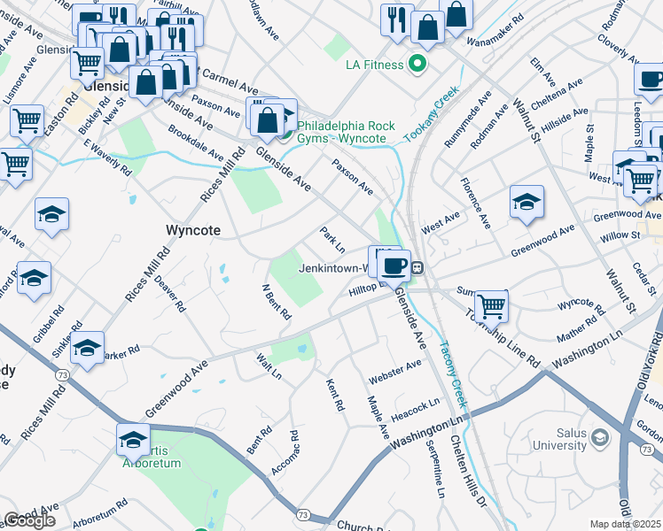 map of restaurants, bars, coffee shops, grocery stores, and more near 136 Glenview Avenue in Wyncote