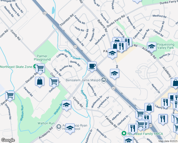 map of restaurants, bars, coffee shops, grocery stores, and more near 11962 Academy Road in Philadelphia