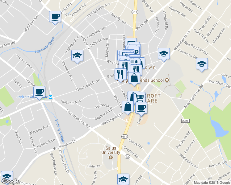 map of restaurants, bars, coffee shops, grocery stores, and more near 146 Walnut Street in Jenkintown