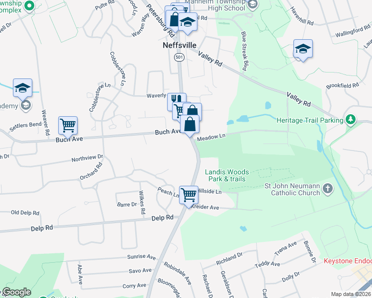 map of restaurants, bars, coffee shops, grocery stores, and more near 2458 Lititz Pike in Lancaster