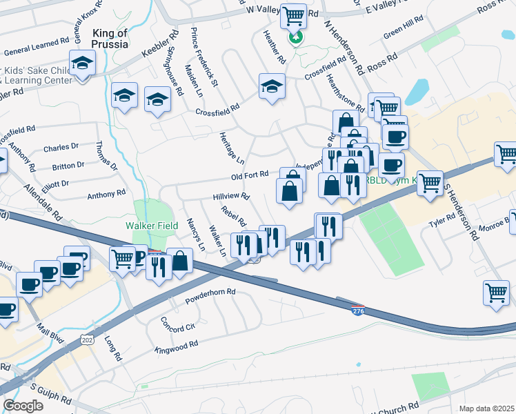 map of restaurants, bars, coffee shops, grocery stores, and more near 148 Hillview Road in King of Prussia