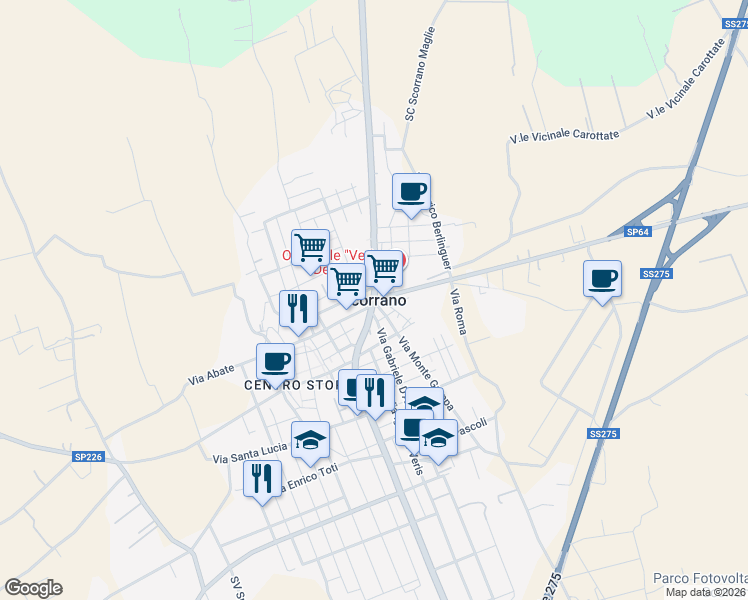 map of restaurants, bars, coffee shops, grocery stores, and more near in Scorrano