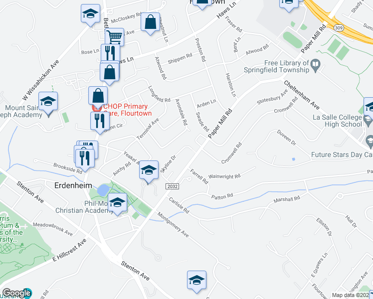 map of restaurants, bars, coffee shops, grocery stores, and more near 864 Skyline Drive in Erdenheim