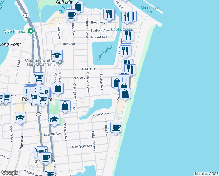 map of restaurants, bars, coffee shops, grocery stores, and more near 20 Central Avenue in Point Pleasant Beach