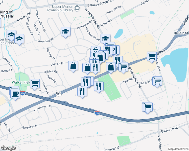 map of restaurants, bars, coffee shops, grocery stores, and more near 258 West Dekalb Pike in King of Prussia