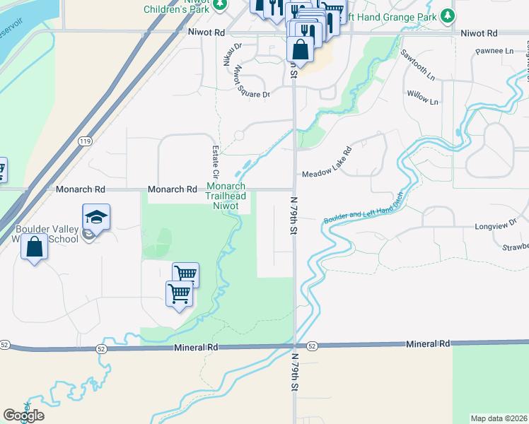 map of restaurants, bars, coffee shops, grocery stores, and more near 6571 Monarch Park Court in Longmont