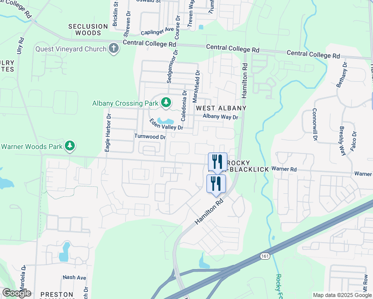 map of restaurants, bars, coffee shops, grocery stores, and more near 5100 Warner Road in Westerville