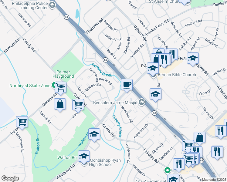 map of restaurants, bars, coffee shops, grocery stores, and more near 11862 Basile Road in Philadelphia