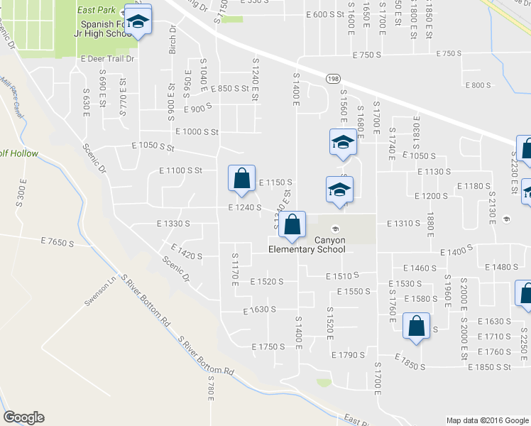 map of restaurants, bars, coffee shops, grocery stores, and more near 1257 South 1250 East in Spanish Fork