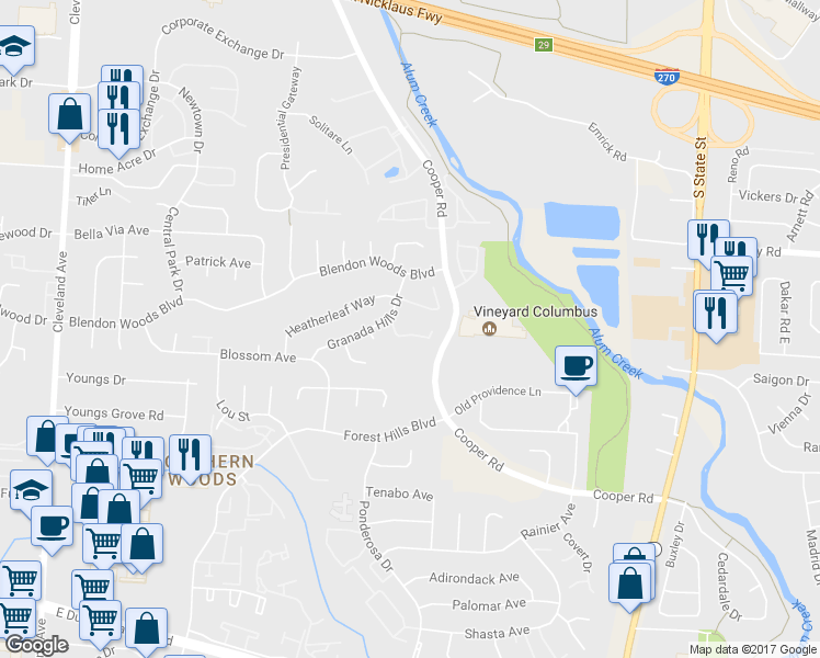map of restaurants, bars, coffee shops, grocery stores, and more near 3030 Cooper Bluff Drive in Columbus