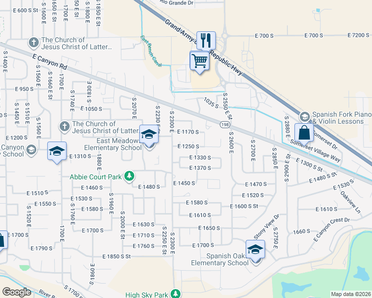 map of restaurants, bars, coffee shops, grocery stores, and more near 1234 South 2360 East in Spanish Fork